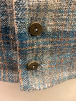 Mens, Historical Fiction Vest, NL, Teal Blue, Gray, Tobacco Brown, Navy Blue, Wool, Cotton, Plaid, C 44, Shawl Lapel, Button Front, 4 Pockets, Distressed with Holes, Solid Back with Self Belt