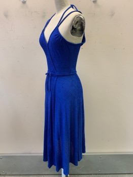 NO LABEL, Royal Blue, Polyester, Stripes, Spaghetti Strap with Neck Tie, V Neck, Crossover, Ribbed Texture, Back Zipper, with Waist Tie