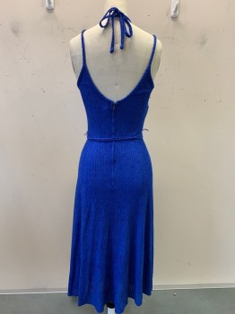 NO LABEL, Royal Blue, Polyester, Stripes, Spaghetti Strap with Neck Tie, V Neck, Crossover, Ribbed Texture, Back Zipper, with Waist Tie