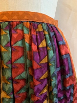 UMI COLLECTIONS , Orange, Multi-color, Silk, Geometric, Stripes, SKIRT, 2 Pockets, Side Zipper, Orange, Red, Rust, Olive, Purple, and Gray Geo Stripes