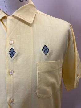Mens, Shirt, J.M CITRON, M, Lt Yellow, Solid, C.A., S/S, B.F., Diamond Patches