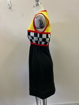 MTO, Yellow/Red/Black Poly Knit, Pull On, CN, Slvls, Yellow Bust, Checkered Middle, Back Zip, Black Rib Knit Skirt, Elastic Waist,