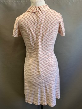 N/L, Off White, Red, Polyester, Geometric, Short Sleeves, Round Cowl-Neck with Self Bow/Knot Detail, 4 Peach Buttons in "Double Breasted" Formation at Waist, 2 Box Pleats at Either Side of Hem, Knee Length,