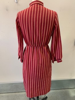 BAYARD SPORT, Red, White, Dk Blue, Black, Polyester, Stripes - Vertical , L/S, C.A., 6 Buttons, 1 Pocket, Elastic Waist, Below Knee, 1980's