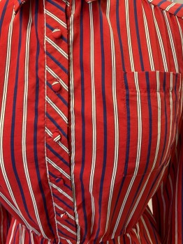 BAYARD SPORT, Red, White, Dk Blue, Black, Polyester, Stripes - Vertical , L/S, C.A., 6 Buttons, 1 Pocket, Elastic Waist, Below Knee, 1980's