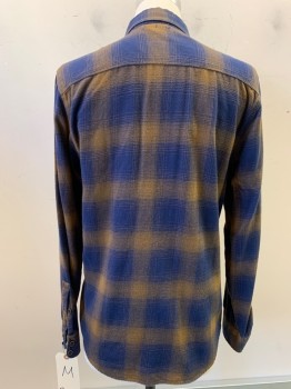 Mens, Casual Shirt, N/L, Navy Blue, Brown, Cotton, Plaid, M, L/S, Button Front, C.A., 2 Flap Pocket, Flannel