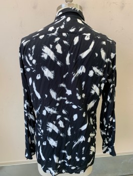 Mens, Casual Shirt, ZARA, Black, White, Viscose, Abstract , L, L/S, Button Front, Collar Attached, No Pocket