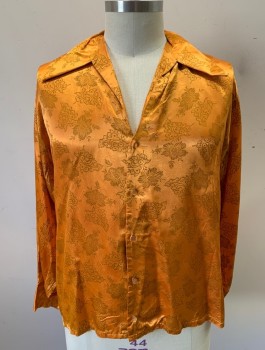 Mens, Shirt Disco, RAPPERS, Orange, Beige, Silk, Floral, XL, Satin, L/S, Plunging V Neck Opening, Button Front, Oversized Collar, Disco