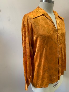 Mens, Shirt Disco, RAPPERS, Orange, Beige, Silk, Floral, XL, Satin, L/S, Plunging V Neck Opening, Button Front, Oversized Collar, Disco