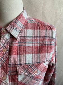 Mens, Casual Shirt, O'NEILL, Faded Red, White, Black, Cotton, Plaid, S, Button Front, Collar Attached, Long Sleeves, Button Cuff, 1 Flap Patch Pocket