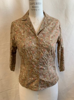 Womens, Blouse, MTO, Lt Brown, Rust Orange, Olive Green, Brown, Ochre Brown-Yellow, Cotton, Floral, B 36, Button Front, 3/4 Sleeves with Buttons at Sleeve Hem, Notch Spread Collar, Multiple