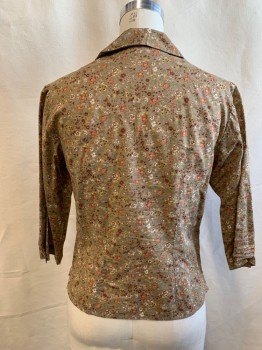 Womens, Blouse, MTO, Lt Brown, Rust Orange, Olive Green, Brown, Ochre Brown-Yellow, Cotton, Floral, B 36, Button Front, 3/4 Sleeves with Buttons at Sleeve Hem, Notch Spread Collar, Multiple