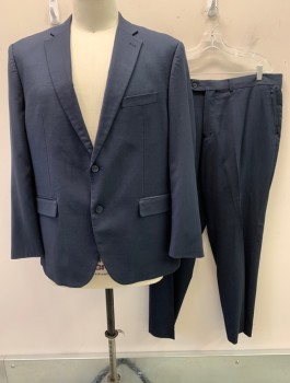 PERRY ELLIS, Midnight Blue, Polyester, Viscose, Solid, Single Breasted, 2 Buttons,  Notched Lapel, 3 Pockets,