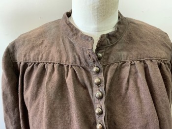 Womens, Historical Fiction Blouse, MTO, Brown, Linen, Solid, B34, Pullover, Stand Collar with 7 Buttons, Yoke, Long Sleeves, Button Cuff (Aged/Distressed