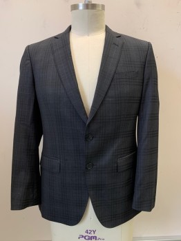 BOSS, Black, Charcoal Gray, Blue, Wool, Plaid, 2 Buttons, Single Breasted, Notched Lapel, 3 Pockets,