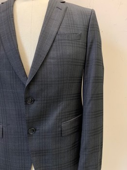 Mens, Suit, Jacket, BOSS, Black, Charcoal Gray, Blue, Wool, Plaid, 42R, 2 Buttons, Single Breasted, Notched Lapel, 3 Pockets,