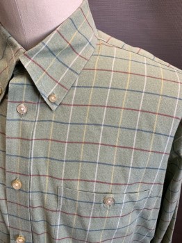 Mens, Casual Shirt, ORVIS, Olive Green, Red, Yellow, Blue, Cotton, Plaid, XL, L/S, Button Front, Button Down Collar, Chest Pocket with Button, Locker Loop
