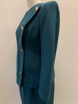 Womens, 1980s Vintage, Suit, Jacket, NO LABEL, Teal Blue, Wool, Solid, W30, B40, L/S, Side Button Front, Crew Neck, Shoulder Pads