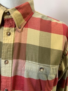 Mens, Casual Shirt, OLVIS, Olive Green, Dk Red, Dijon Yellow, Cotton, Plaid, XL, L/S, Button Front, Button Down Collar, Chest Pocket with Button, Tortoise Shell Buttons