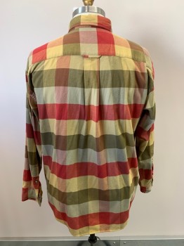 Mens, Casual Shirt, OLVIS, Olive Green, Dk Red, Dijon Yellow, Cotton, Plaid, XL, L/S, Button Front, Button Down Collar, Chest Pocket with Button, Tortoise Shell Buttons
