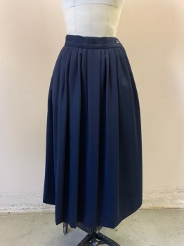 I.MAGNIN, Navy Blue, Wool, Solid, Felt Material, Gathered at Waist, Below Knee, A-Line, 2 Pockets, Early 1980's