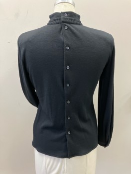 GIORGIO ARMANI, Black, Wool Fine Knit, Stand Collar/T-neck with Rib Knit Applique, Shoulder Pads, L/S with Button Cuffs, Button Down CB