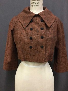 Womens, 1960s Vintage, Suit, Jacket, Rust Orange, Wool, 28, 34, Double Breasted, Raglan Sleeve Wide Collar Cropped