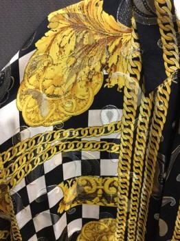 Mens, Club Shirt, GORGEOUS SATIN, Black, Yellow, Gold, Ivory White, Silk, Metallic/Metal, Graphic, Paisley/Swirls, M, Button Front, Long Sleeves, Collar Attached,  Checker Board Pattern, Chain Pattern, Gold Paisley Woven In To Other Patterns, Club, Dating Shirt