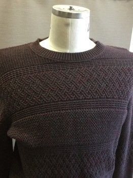Mens, Pullover Sweater, BANANA REPUBLIC, Red Burgundy, Dk Gray, Cotton, 2 Color Weave, L, Woven Knit, Crew Neck
