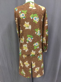 Womens, 1960s Vintage, Suit, Jacket, N/L, Brown, Kelly Green, Turquoise Blue, Rose Pink, Lt Beige, Polyester, Floral, 24W, 34B, Asian Inspired, Thatch Print with Fanciful Flowers, Square Neck and Front Side Button Placket Trimmed in Bright Green, L/S with Button Cuffs