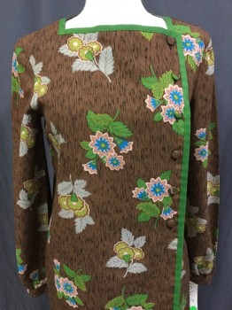Womens, 1960s Vintage, Suit, Jacket, N/L, Brown, Kelly Green, Turquoise Blue, Rose Pink, Lt Beige, Polyester, Floral, 24W, 34B, Asian Inspired, Thatch Print with Fanciful Flowers, Square Neck and Front Side Button Placket Trimmed in Bright Green, L/S with Button Cuffs