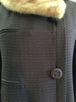 Womens, Coat, NO LABEL, Chocolate Brown, Tan Brown, Wool, Fur, 36, 3/4 Sleeve, Ornate Passementerie Large Buttons, Fur Collar, Invisible Pockets, Welt Pockets