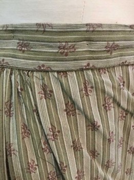 N/L, Beige, Olive Green, Red Burgundy, Cotton, Stripes - Vertical , Floral, Vertical Stripes with Burgundy Floral Clusters, Gathered At Sides and Back Into 1.5" Wide Waistband, Hook&Bar and Snap Closures At Center Back Waist, Floor Length Hem,