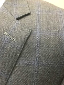 Mens, Suit, Jacket, CANALI, Slate Blue, Dusty Blue, Navy Blue, Wool, Plaid-  Windowpane, 42, Slate Blue with Lighter Dusty Blue Windowpane Stripes, Single Breasted, Notched Lapel, 2 Buttons,  3 Pockets