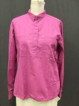 Womens, Blouse, G. PELLINI, Fuchsia Pink, Polyester, Cotton, Solid, L, L/S, Collar Attached, 1 Gold Snap at Collar, 10" Hidden Zip Front