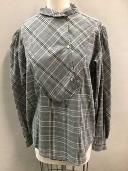 LIZ CLAIBORNE, Gray, White, Black, Brown, Polyester, Cotton, Plaid, Long Sleeves, Foldover Bib Panel with Button Closures, Round Collar, Puff Sleeves,