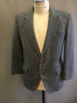 Mens, Blazer/Sport Co, Rudnick's, Charcoal Gray, Cream, Wool, Tweed, Herringbone, 38, Single Breasted, Collar Attached, Notched Lapel, 3 Pockets, 2 Buttons