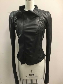 RICK OWENS, Black, Leather, Solid, Shawl Collar, Off Center Zip Front, Long Sleeves, Ribbed Knit Undersleeve, 3 Pockets, Silk Underlayer with Self Tie