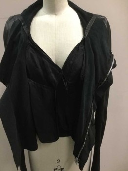 RICK OWENS, Black, Leather, Solid, Shawl Collar, Off Center Zip Front, Long Sleeves, Ribbed Knit Undersleeve, 3 Pockets, Silk Underlayer with Self Tie