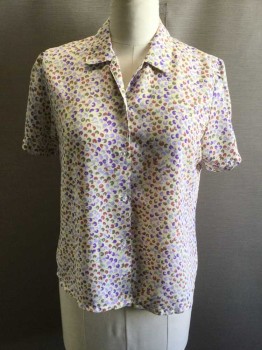Womens, Shirt, N/L, Butter Yellow, Purple, Olive Green, Sienna Brown, Synthetic, Novelty Pattern, B 40, with Balloon Like Print, B.F., C.A., S/S Pleated at Cuff