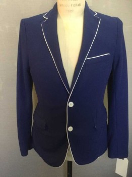 Mens, Sportcoat/Blazer, ZARA, Royal Blue, Polyester, Solid, 38, Pique, Single Breasted, Notched Lapel, 3 Pockets, White Piping