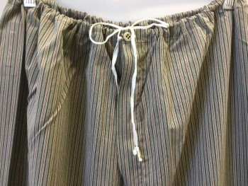 Mens, 1930s Vintage, Pajama Pant, P2, MTO, Green, Tan Brown, Maroon Red, Cotton, Stripes - Vertical , 48, Drawstring, (small Ripped at Waistband, Holes on Holes & Brown Stained in Front), Multiples,