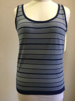 Womens, Tank Top, N/L, Navy Blue, White, Polyester, Spandex, Stripes, B 40, Tank Top, Navy Solid Ribbed Knit Scoop Neck/Armholes/Waistband