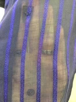 MTO, Aubergine Purple, Purple, Wool, Synthetic, Stripes, Floral, Floral Lace Yoke , Light Weight Sheer Wool with Solid Purple Stripes, Long Sleeves, High Collar Neck, Covered Buttons on Shoulders, Hooks and Bars Center Back, Small Mended Holes All Over,