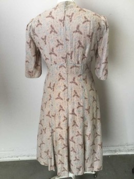 N/L, Ecru, Lt Brown, Lt Gray, Silk, Dots, Floral, Ecru with Light Brown Dots, Fern/Leaf Lik Epattern with Gray Flowers/Vines, Short Sleeves, Wrapped V-neck, Light Gray Piping Trim at Neck, and Along Center Front Vertical Seams, Empire Waist, A-Line, Zipper at Center Back, Hem Below Knee, Made To Order Reproduction
