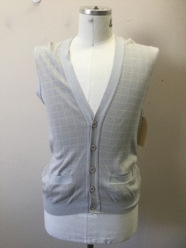 Mens, Sweater Vest, AMERICAN APPAREL, Sky Blue, Cream, Rayon, Check , M/L, Sky Blue Solid with Cream Checks, Cardigan with 5 Buttons and Two Front Pockets