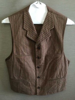 Childrens, Vest 1890s-1910s, M.T.O., Brown, Dk Brown, Khaki Brown, Wool, Poly/Cotton, Stripes, CH 34, Herringbone Striped Wool Front, Notched Lapel, 5 Button Single Breasted, 4 Welt Pockets, Polyester/cotton Back, Adjustable Back Waist