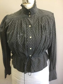 N/L, Black, White, Cotton, Calico , Dots, Faded Black with Assorted Dots Pattern Calico, Long Sleeve Button Front, High Neck/Stand Collar with Self Pleated Ruffle Edge, Drawstring Channel at Waist, Made To Order