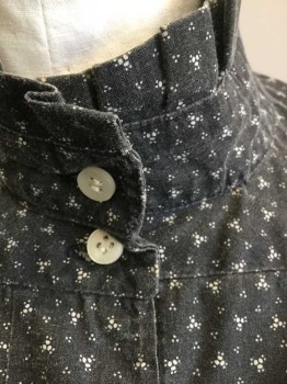 N/L, Black, White, Cotton, Calico , Dots, Faded Black with Assorted Dots Pattern Calico, Long Sleeve Button Front, High Neck/Stand Collar with Self Pleated Ruffle Edge, Drawstring Channel at Waist, Made To Order