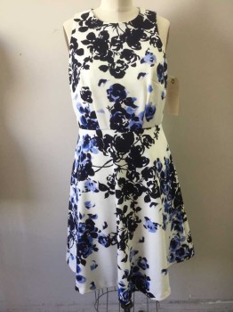 Womens, Dress, Sleeveless, D MORGAN, Navy Blue, White, Lt Blue, Synthetic, Floral, 30W, 35B, Round Neck,  Sleeveless, Back Zipper, Fitted Bodice, Flared Skirt 2 Pockets,